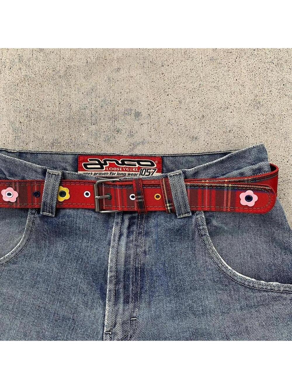 Colorful Plaid and Flower belt. Y2k style. 40 inches length - Picture 5 of 8